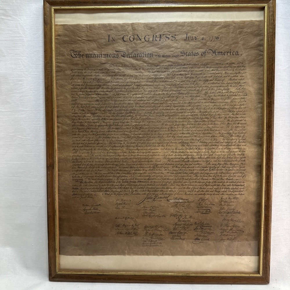 Framed Declaration of Independence 1776 Aged Parchment Print Vintage Wall Decor